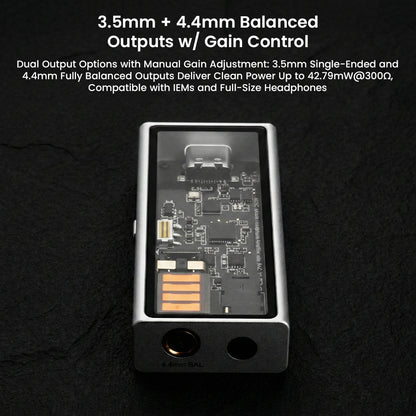 QUESTYLE M15C DAC/Amp with 3.5mm and 4.4mm balanced outputs, offering manual gain control for IEMs and full-size headphone compatibility.