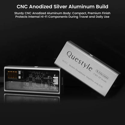 QUESTYLE M15C DAC/Amp with CNC anodized silver aluminum build, showcasing its compact, durable design for portable hi-fi audio use.