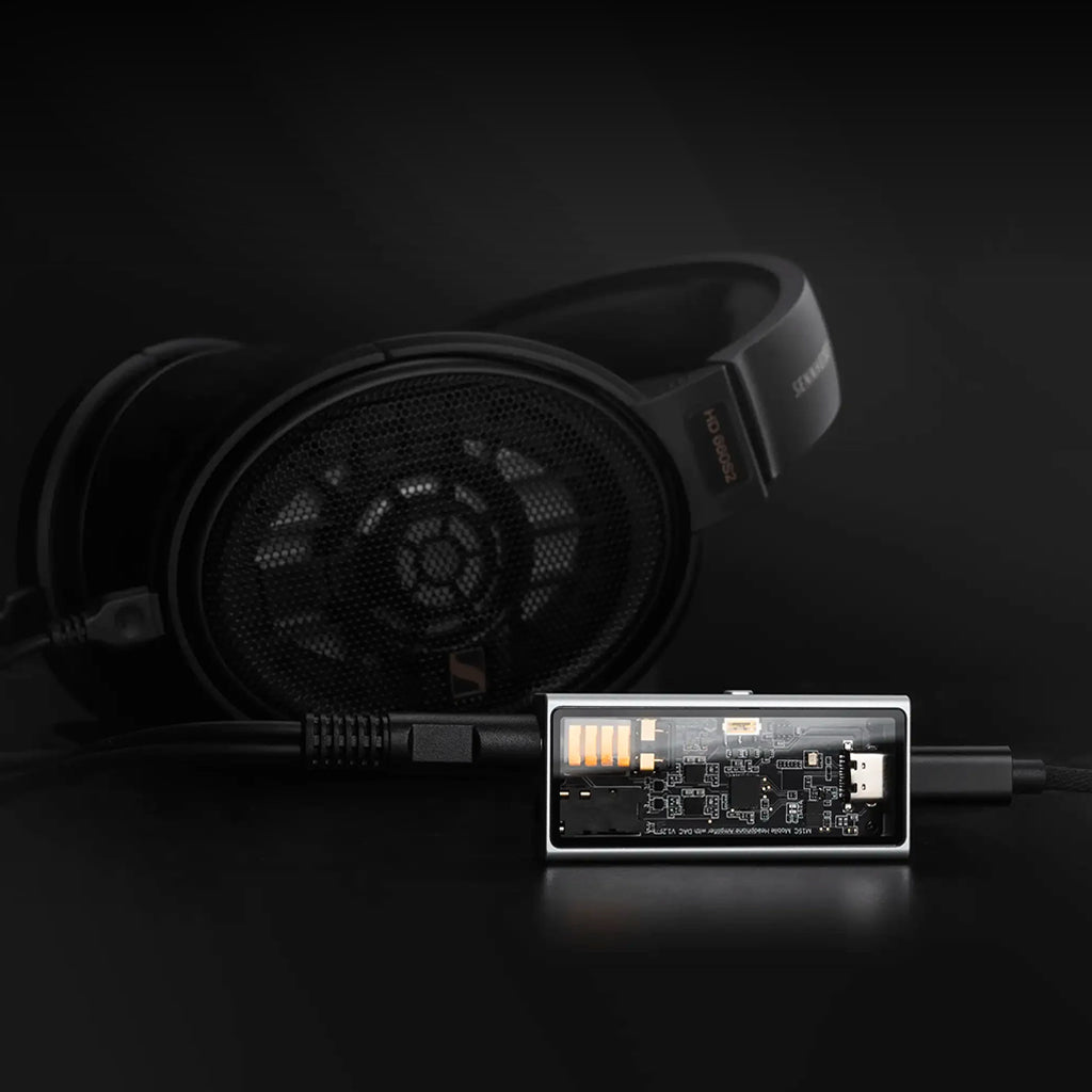 QUESTYLE M15C DAC/Amp connected to high-end headphones, delivering clean, high-resolution audio through USB-C interface.