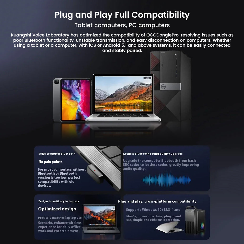 Questyle QCC Dongle Pro offers plug-and-play compatibility with tablets and PCs, resolving Bluetooth issues and supporting wide device range.