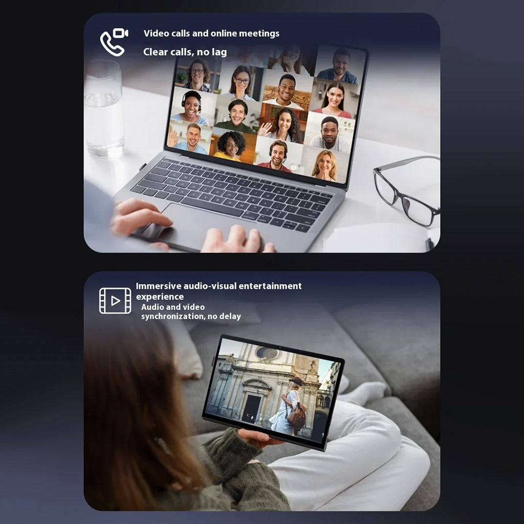 Questyle QCC Dongle Pro enables lag-free video calls and immersive audio-video sync for online meetings and streaming on laptops and tablets.