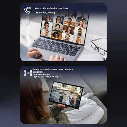 Questyle QCC Dongle Pro enables lag-free video calls and immersive audio-video sync for online meetings and streaming on laptops and tablets.