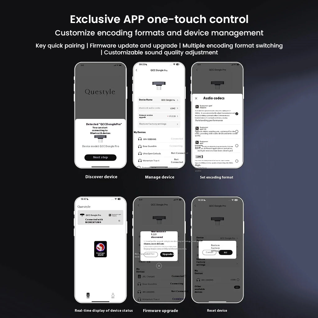 Questyle QCC Dongle Pro Bluetooth 5.4 transmitter offers app-based control for encoding formats, firmware updates, and real-time device management.
