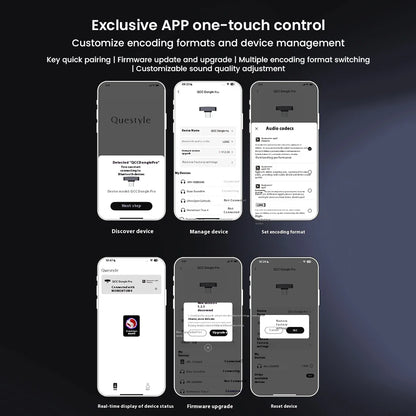 Questyle QCC Dongle Pro Bluetooth 5.4 transmitter offers app-based control for encoding formats, firmware updates, and real-time device management.