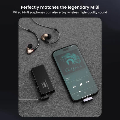Questyle QCC Dongle Pro connects wired Hi-Fi earphones to smartphones for high-quality wireless audio, shown paired with the M18i DAC.