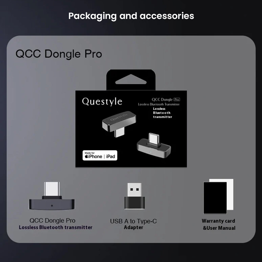 Questyle QCC Dongle Pro Bluetooth 5.4 transmitter packaging includes USB-A to Type-C adapter, warranty card, and user manual for iPhone and iPad.