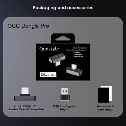 Questyle QCC Dongle Pro Bluetooth 5.4 transmitter packaging includes USB-A to Type-C adapter, warranty card, and user manual for iPhone and iPad.