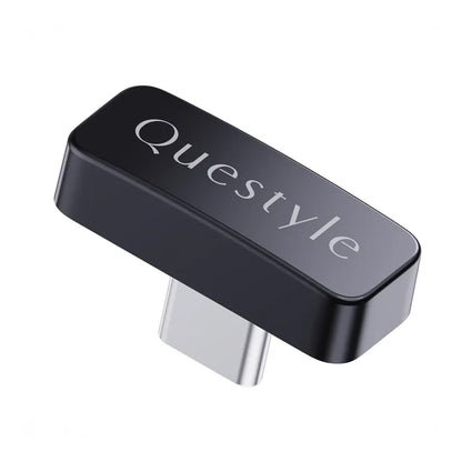 Close-up of Questyle QCC Dongle Pro Bluetooth 5.4 Transmitter showing sleek black finish and USB-C interface for seamless device compatibility.