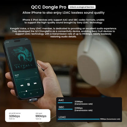 QCC Dongle Pro enables iPhones to stream LDAC audio up to 990kbps, enhancing sound quality for high-resolution music playback.