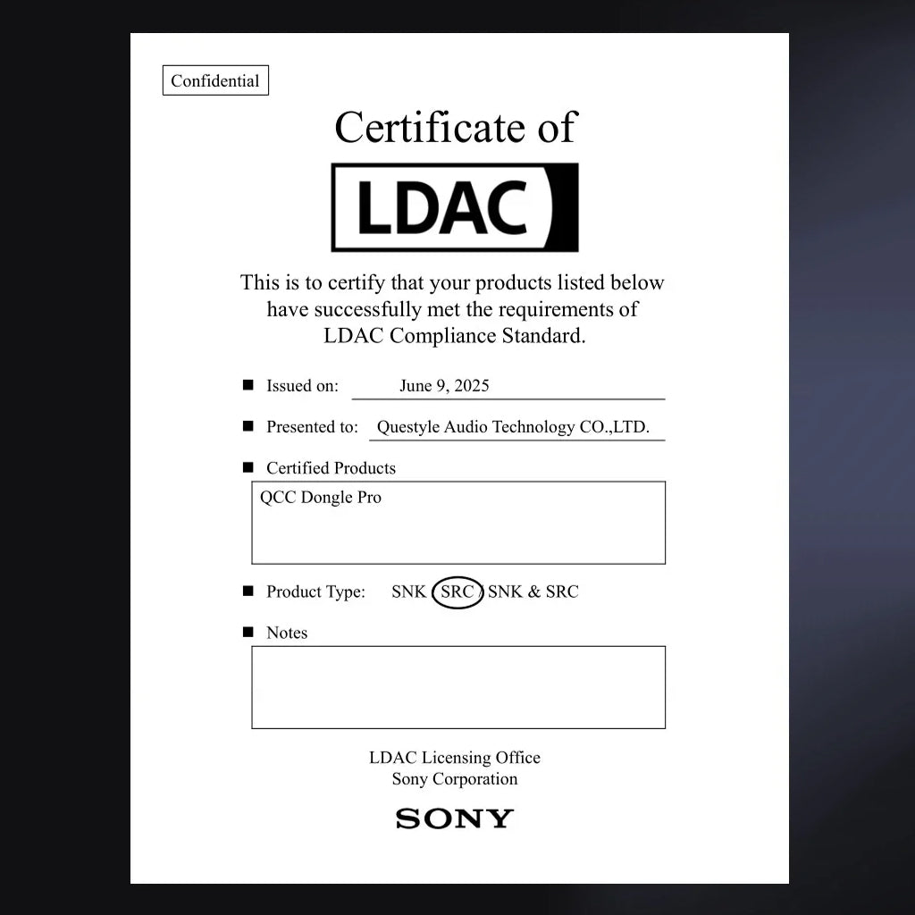Official LDAC compliance certificate for Questyle QCC Dongle Pro issued by Sony, confirming support for high-resolution audio standards.