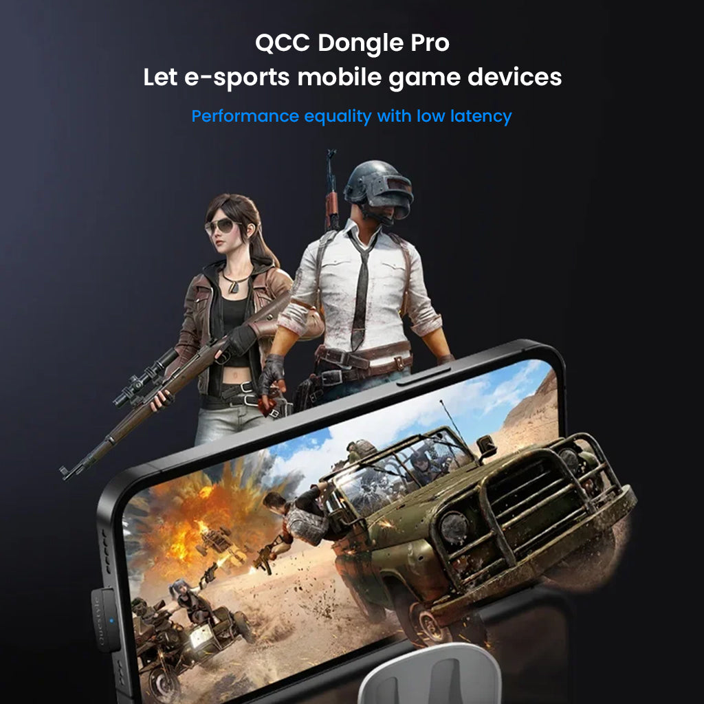 QCC Dongle Pro enhances mobile gaming with low latency Bluetooth audio, supporting e-sports performance on smartphones and tablets.