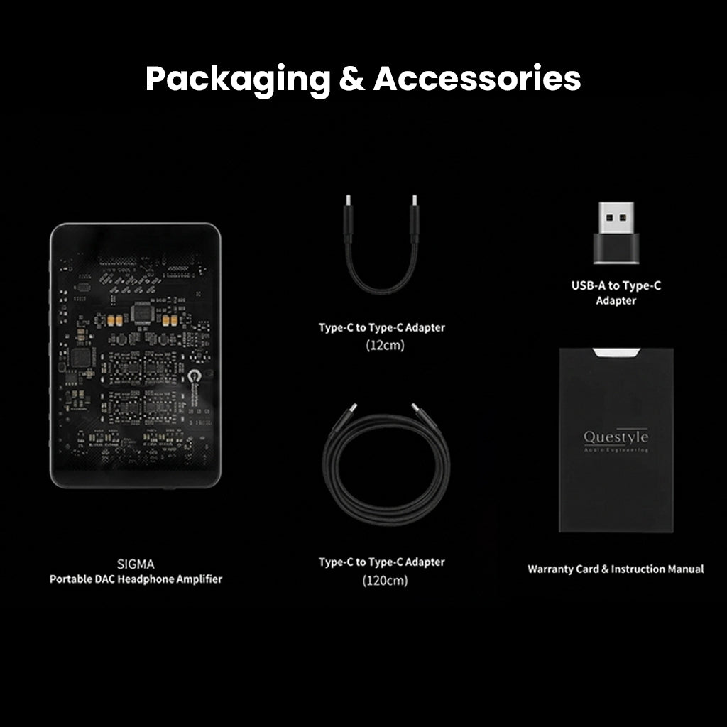 Questyle Sigma portable DAC headphone amplifier packaging accessories