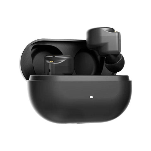 Black ROSESELSA CERAMICS MK2 LDAC ANC True Wireless Earbuds in open charging case, showcasing sleek in-ear headphone design.