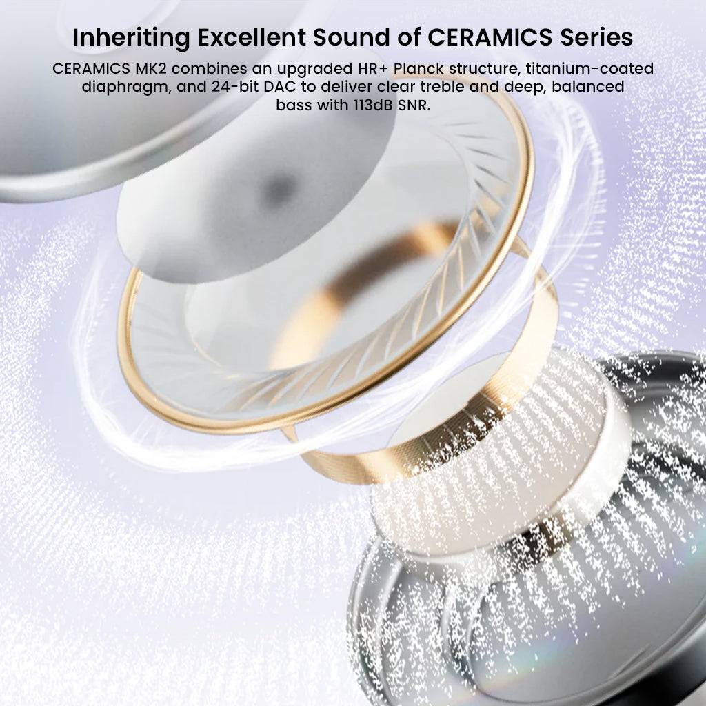 Exploded view of ROSESELSA CERAMICS MK2 earbud driver showing HR+ Planck structure and titanium diaphragm for high-resolution sound.
