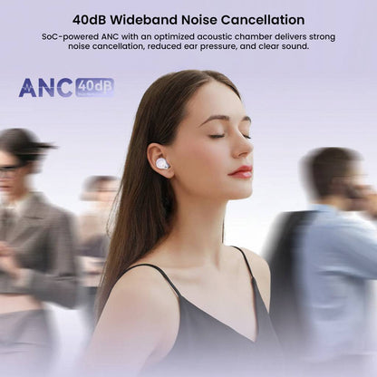Woman wearing ROSESELSA CERAMICS MK2 earbuds with ANC 40dB, demonstrating noise cancellation in a busy environment.