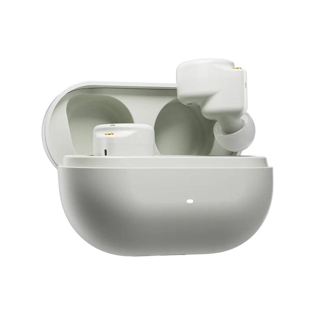 White ROSESELSA CERAMICS MK2 LDAC ANC True Wireless Earbuds in open charging case, highlighting compact and modern build.