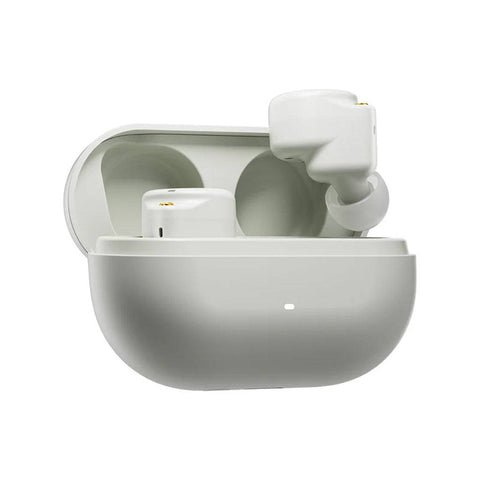 White ROSESELSA CERAMICS MK2 LDAC ANC True Wireless Earbuds in open charging case, highlighting compact and modern build.