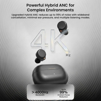 Black hybrid ANC earbuds with sound tuning graph background