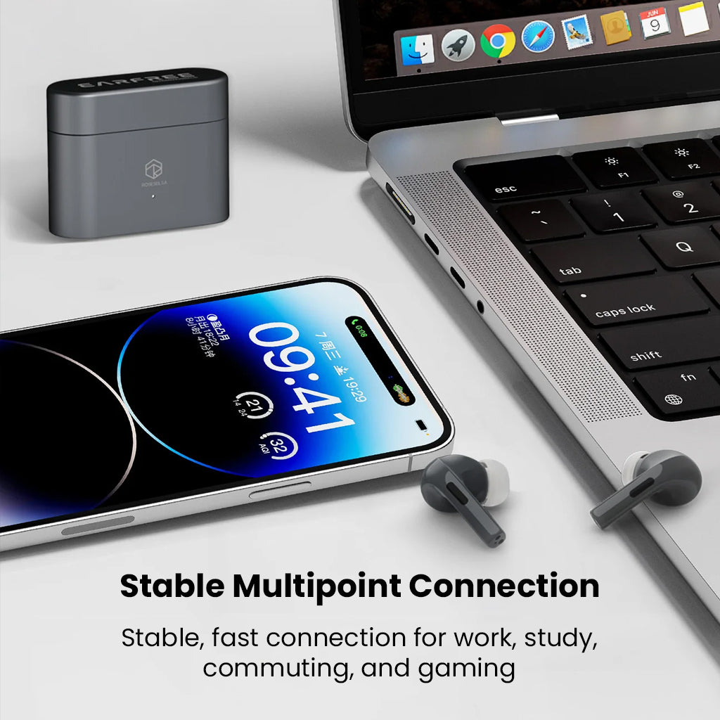 ROSESELSA EARFREE i5 earbuds connected to laptop and smartphone, supporting stable multipoint Bluetooth for work, study, and gaming.