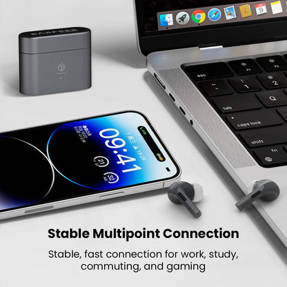ROSESELSA EARFREE i5 earbuds connected to laptop and smartphone, supporting stable multipoint Bluetooth for work, study, and gaming.