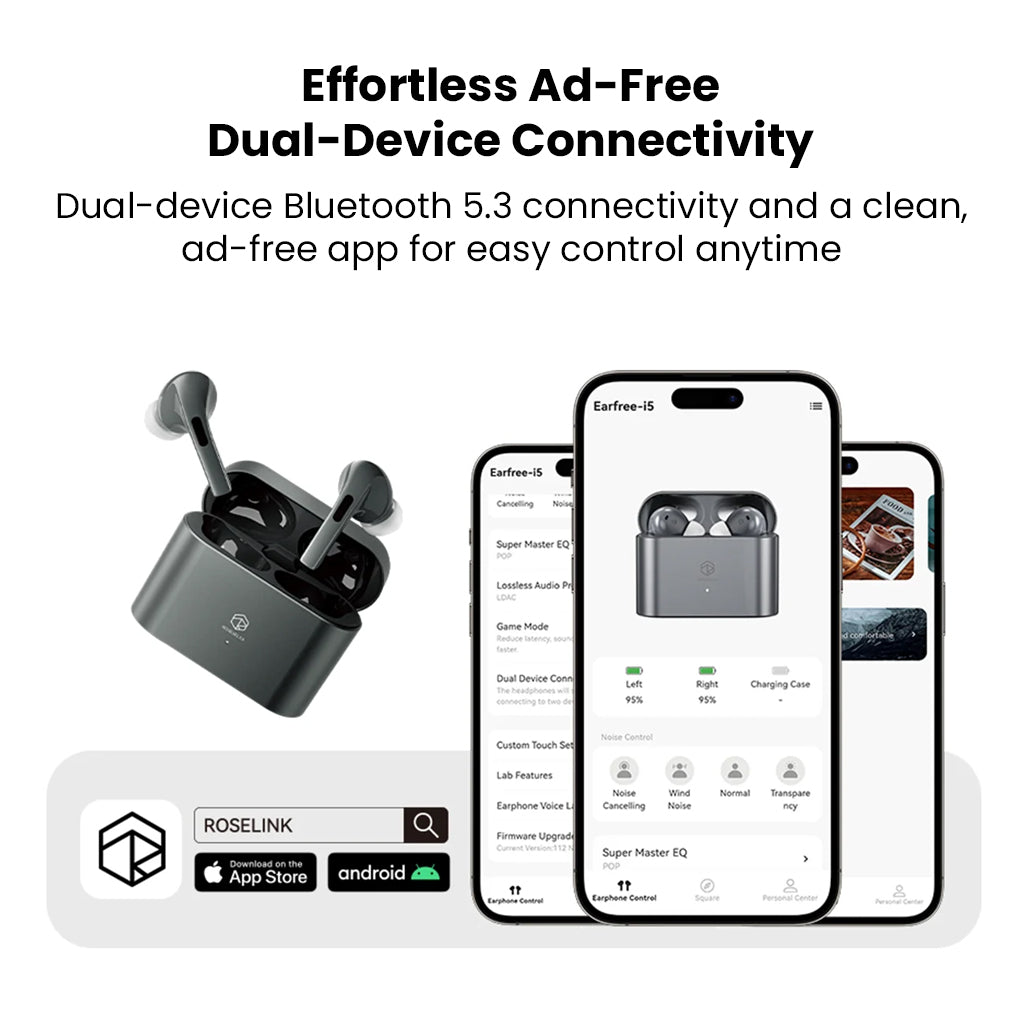 ROSESELSA EARFREE i5 earbuds with dual-device Bluetooth 5.3 and ad-free app for seamless control and effortless connectivity.