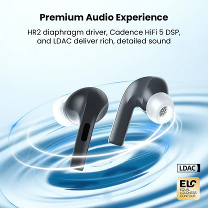Premium audio from ROSESELSA EARFREE i5 earbuds with HR2 diaphragm, HiFi 5 DSP, and LDAC for rich, detailed sound quality.