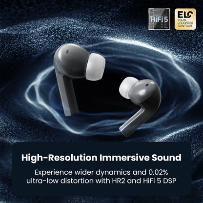 ROSESELSA EARFREE i5 earbuds with HiFi5 DSP and HR2 driver for high-resolution immersive sound and ultra-low distortion audio performance.