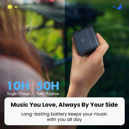 ROSESELSA EARFREE i5 earbuds offer 10-hour single charge and 50-hour total playtime, ensuring music all day with long-lasting battery life.
