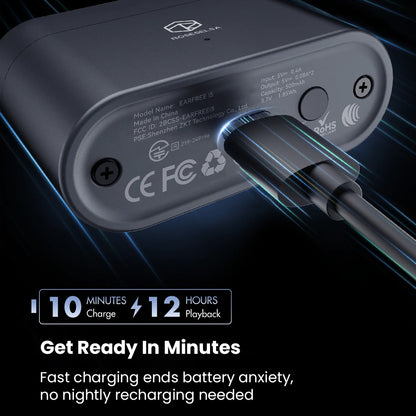 Fast charging ROSESELSA EARFREE i5 earbuds provide 12 hours playback from just 10 minutes charge, eliminating battery anxiety.