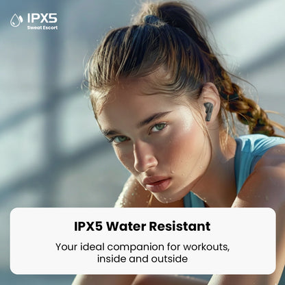 Sweat-covered woman wearing ROSESELSA EARFREE i5 earbuds, highlighting IPX5 water resistance for workouts and outdoor use.