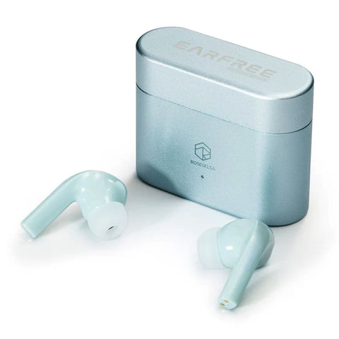 ROSESELSA EARFREE i5 ANC Wireless Earbuds in metallic blue with matching charging case, offering stylish design and high-fidelity sound.