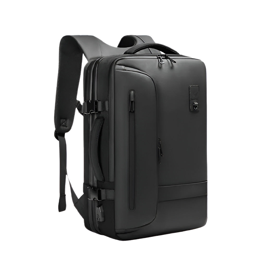 RZTX Airpack Travel Vacuum Backpack Laptop Bag for Men in sleek black design, expandable from 22L to 45L, ideal for business and travel use.