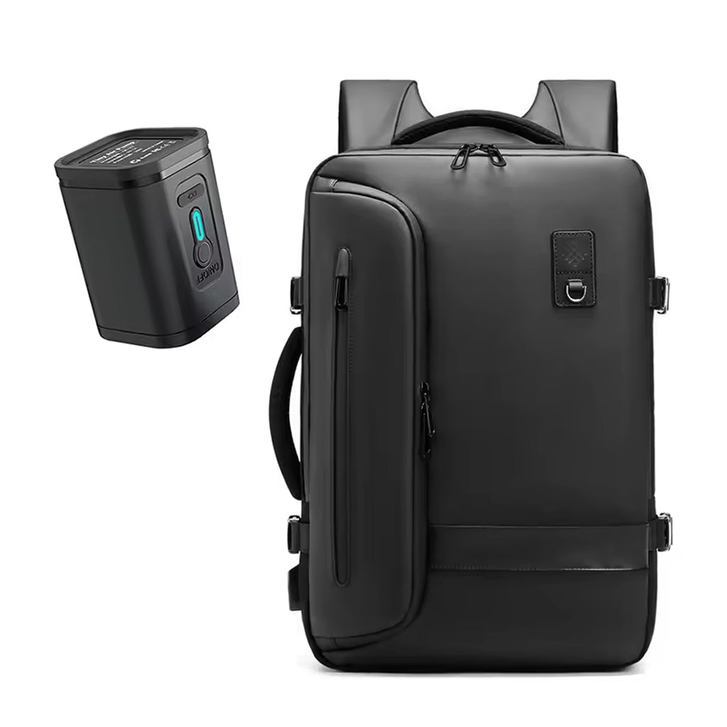 RZTX Airpack Travel Backpack with included vacuum pump for compression, enhancing packing efficiency and space-saving for travelers.