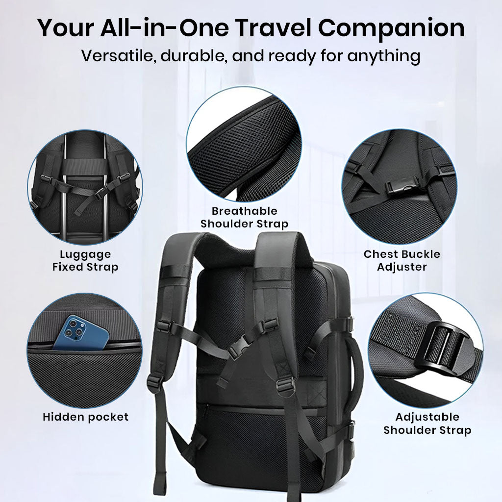 Airpack Travel Vacuum Backpack features breathable shoulder straps, chest buckle, hidden pocket, and luggage strap for secure travel convenience.