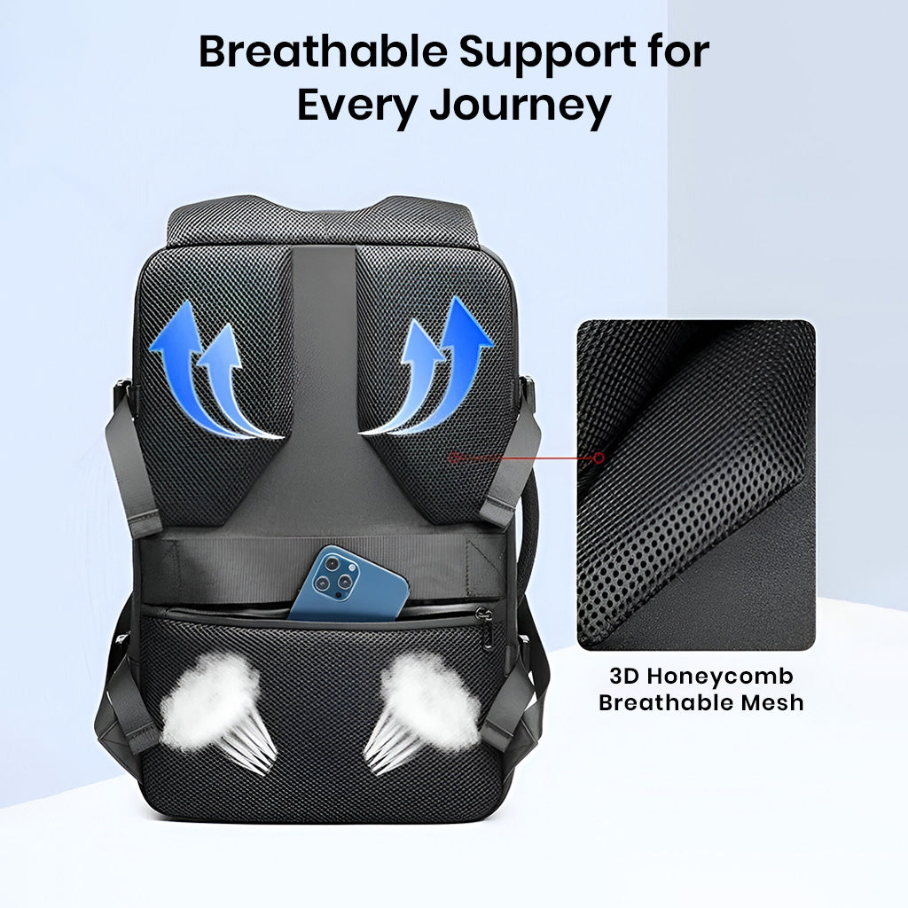 Back view of Airpack Travel Vacuum Backpack showing 3D honeycomb breathable mesh for enhanced airflow and comfort during long journeys.