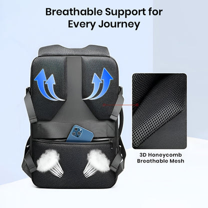 Back view of Airpack Travel Vacuum Backpack showing 3D honeycomb breathable mesh for enhanced airflow and comfort during long journeys.