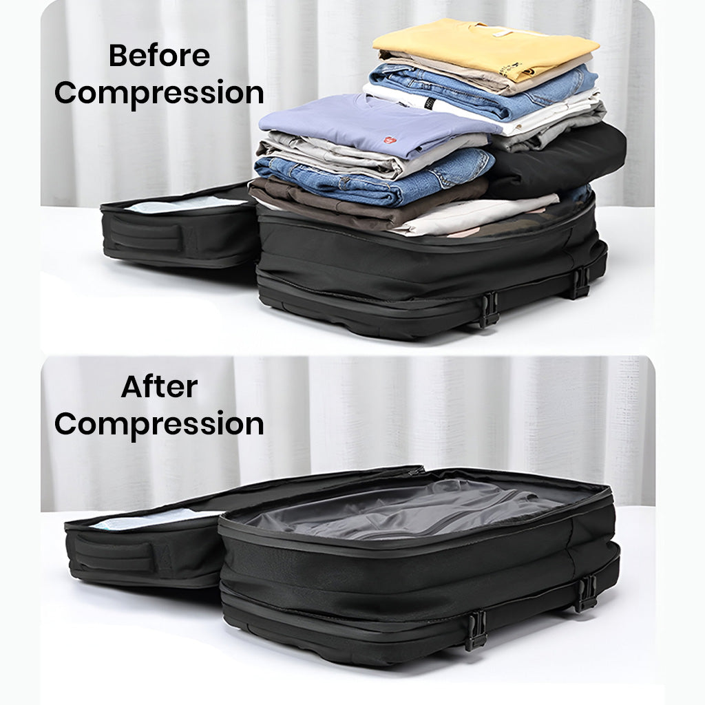 Compression feature of Airpack Travel Backpack shown with clothes before and after compression, maximizing packing space for efficient travel.