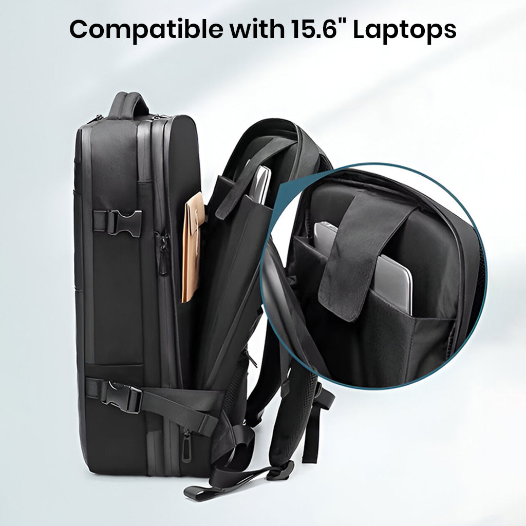 Laptop compartment of Airpack Travel Backpack fits up to 15.6-inch laptops securely, ideal for work and travel organization.
