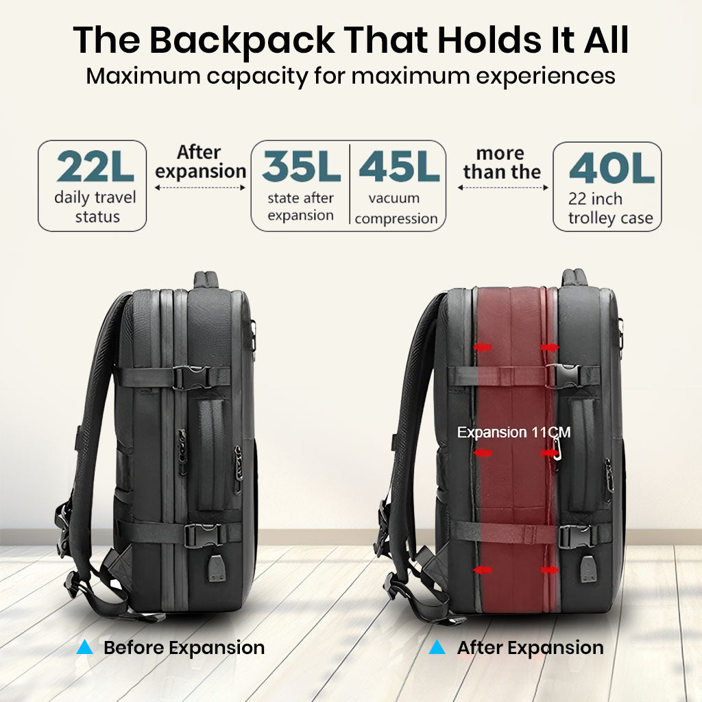 Expandable Airpack Travel Backpack increases from 22L to 45L capacity, offering flexible storage for daily use or extended trips.