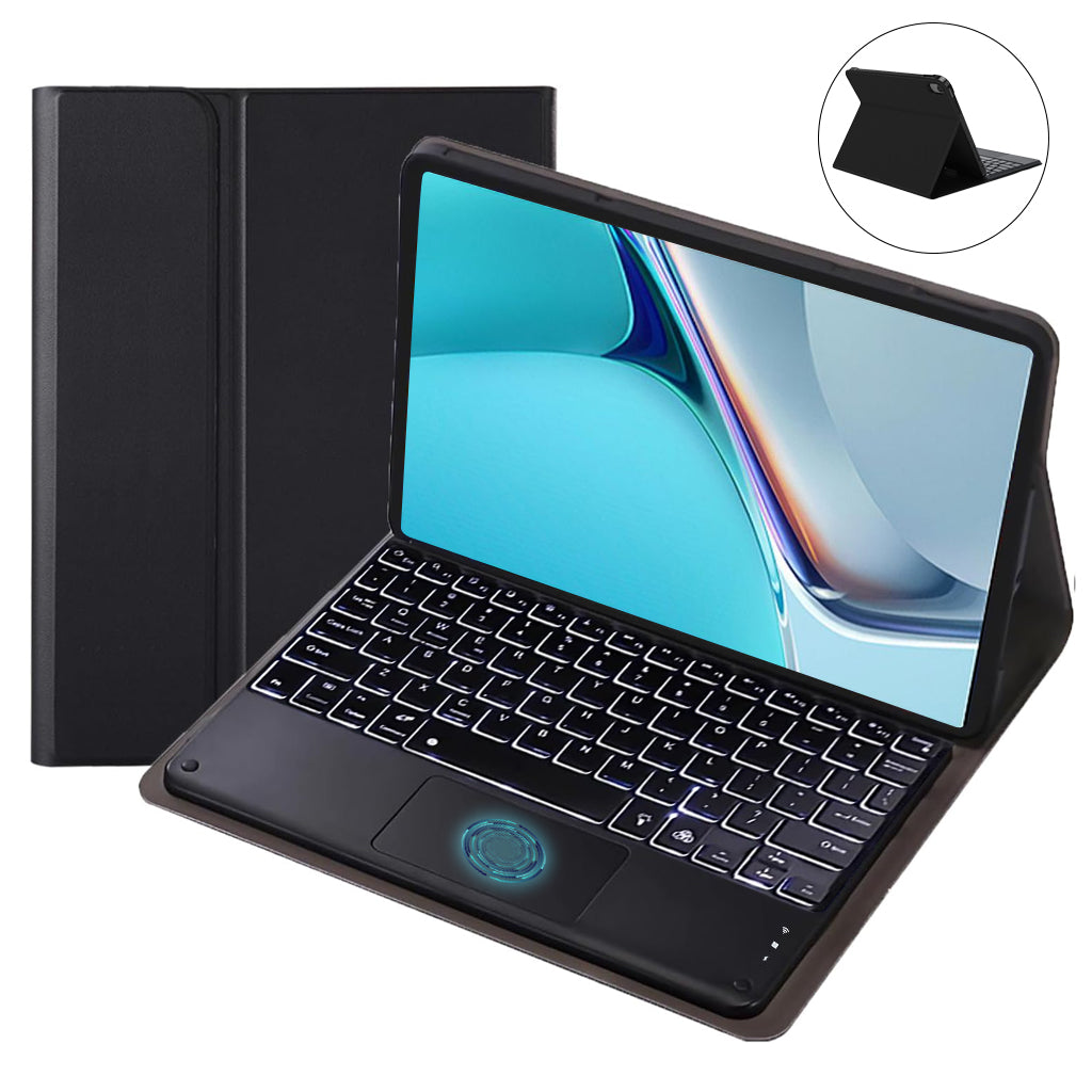 Black TECPHILE RY812 keyboard case for Honor Pad 8 with foldable stand and detachable backlit keyboard for versatile use.