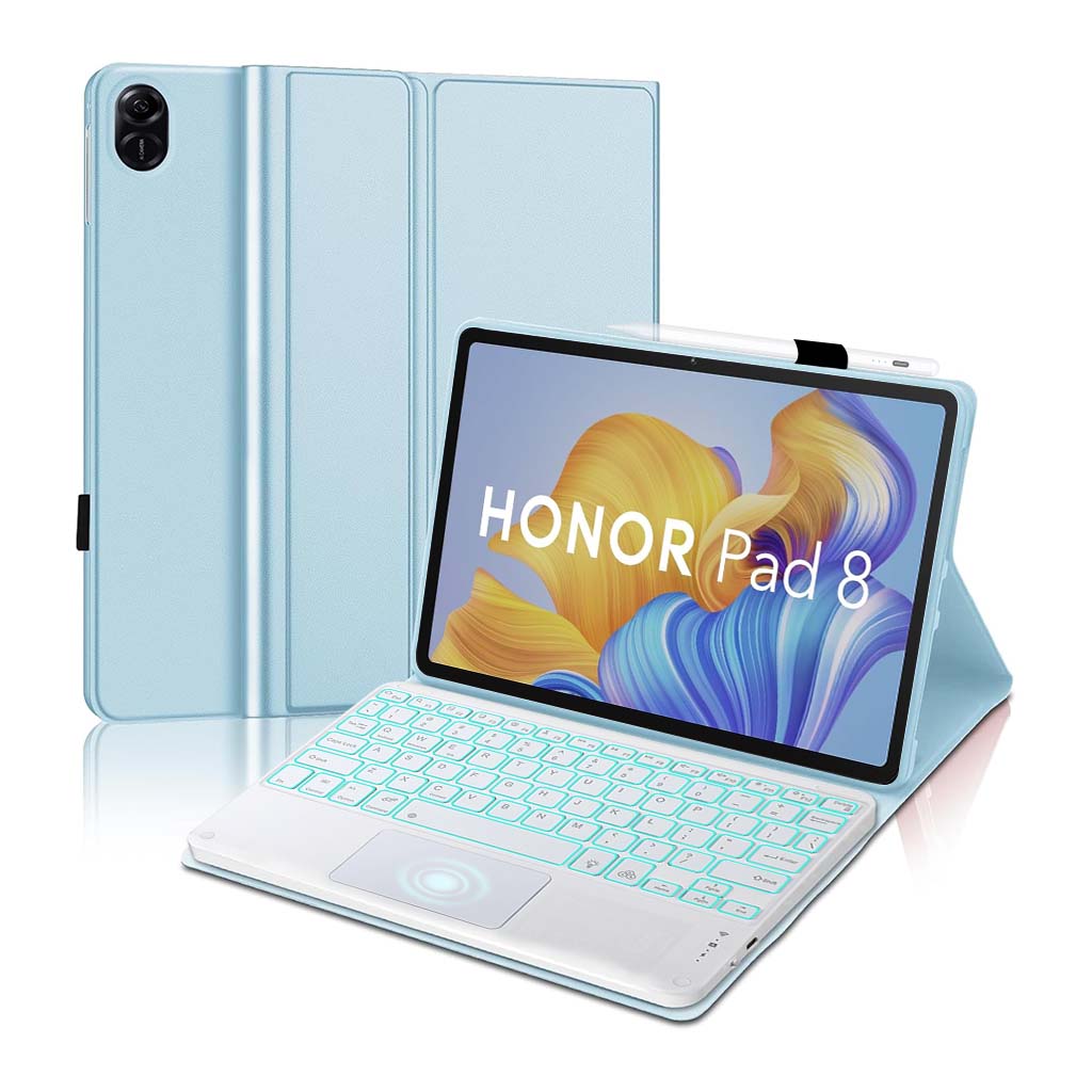 TECPHILE RY812 keyboard case for Honor Pad 8 12 inch 2022 in light blue with backlit Bluetooth keyboard and stylus holder.