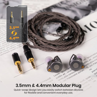 Exploded view of ROSESELSA CJ20 in-ear monitor showing internal components and all-metal construction