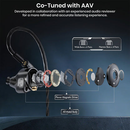 Exploded view of ROSESELSA x AAV CJ20 planar magnetic in-ear monitor components