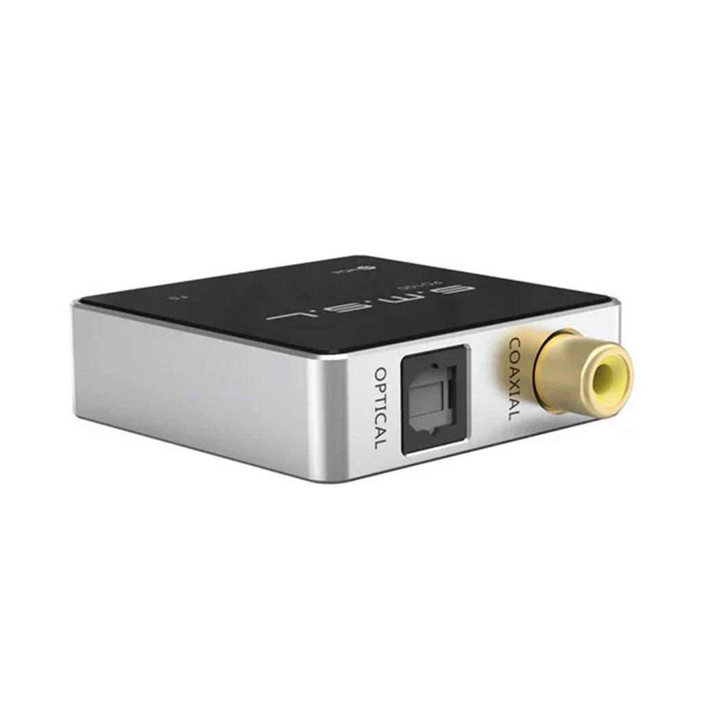 Angled view of S.M.S.L PO100 2024 DAC & Amp featuring optical and coaxial outputs for versatile audio connectivity.