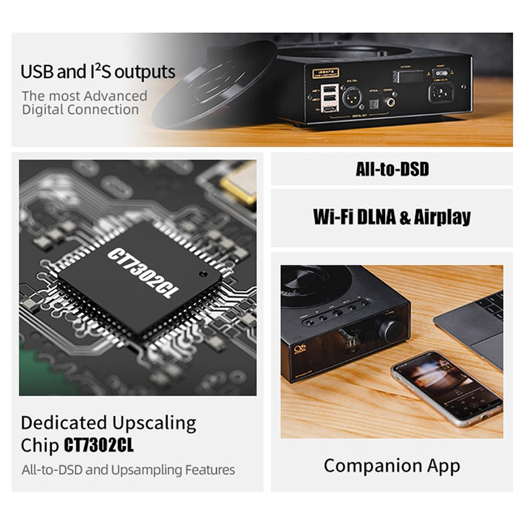 SHANLING ET3 CD Player features USB and I²S outputs, CT7302CL upscaling chip, and wireless streaming via DLNA and AirPlay for versatile playback.