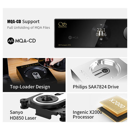 SHANLING ET3 CD Transport highlights MQA-CD support, Philips SAA7824 drive, Sanyo HD850 laser, and Ingenic X2000 processor for superior audio.