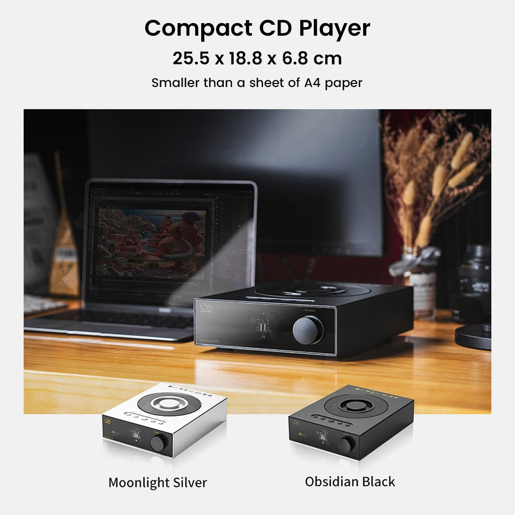 Compact SHANLING ET3 CD Player in black and silver, measuring smaller than A4 paper, ideal for space-saving high-end audio setups.