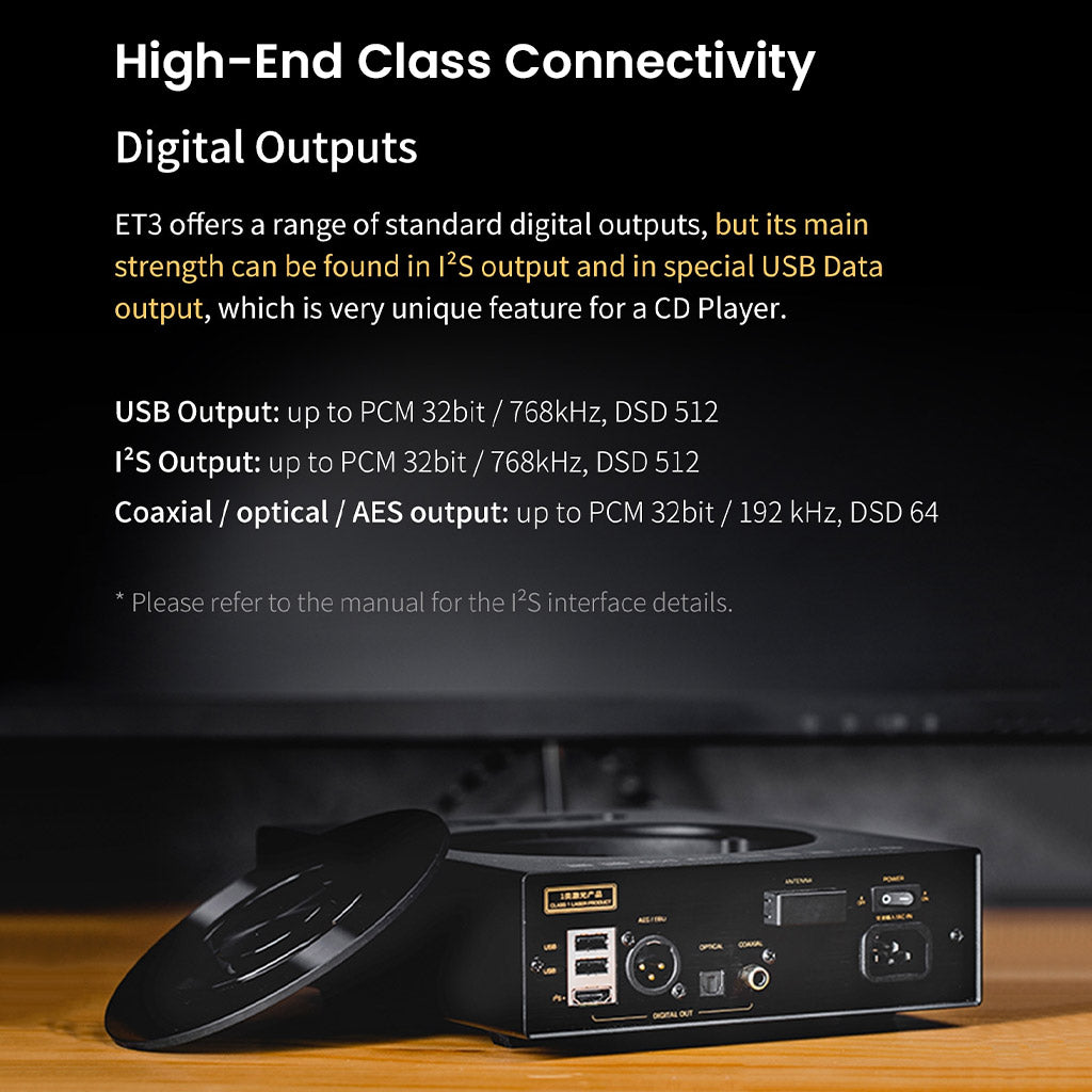 Rear view of SHANLING ET3 CD Player showing USB, I²S, coaxial, and optical outputs for high-end digital connectivity and audio fidelity.