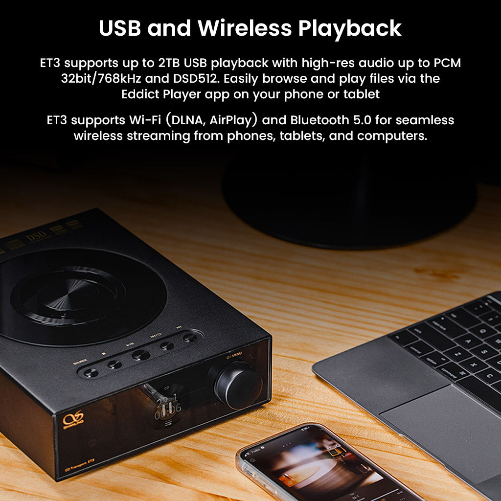 SHANLING ET3 CD Player enables USB and wireless playback with up to 2TB storage, Wi-Fi, AirPlay, and Bluetooth 5.0 for flexible audio streaming.