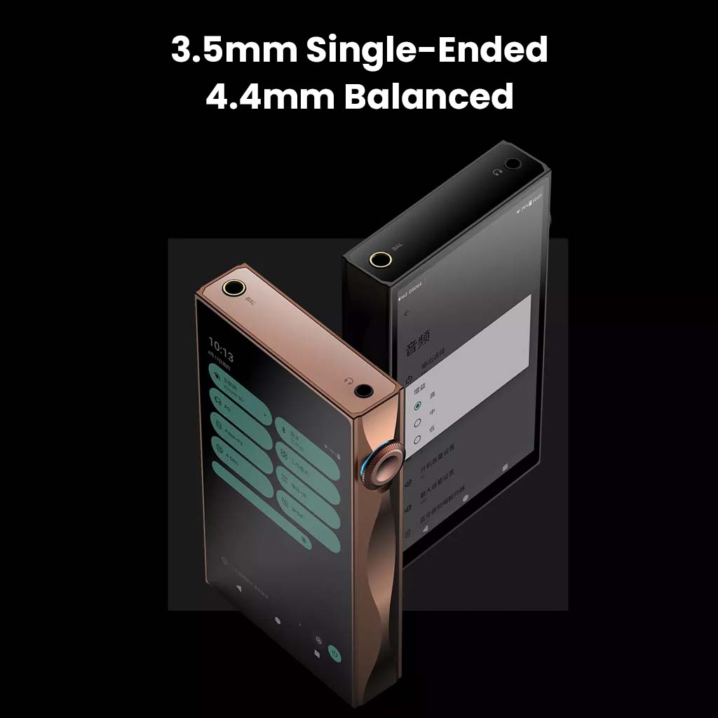 SHANLING M3 Plus includes 3.5mm single-ended and 4.4mm balanced headphone outputs for versatile audio connectivity options.